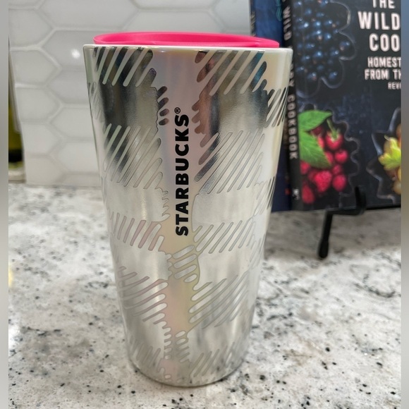 Starbucks 2024 Iridescent Luster Silver Pink Checkered Ceramic Mug Tumbler. NWT! - Picture 1 of 8